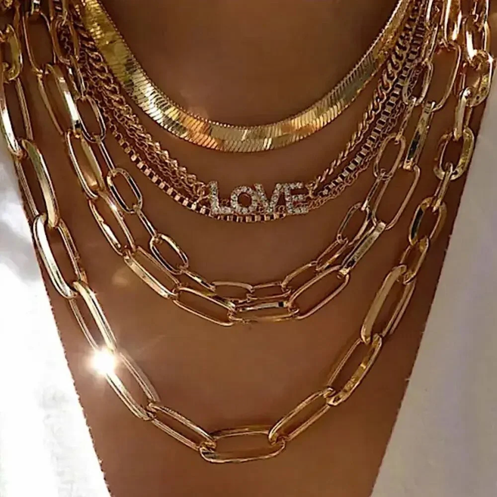 Gold Plated 18K Multilayer Necklace, Chain Link, Paperclip, Love, Zircon